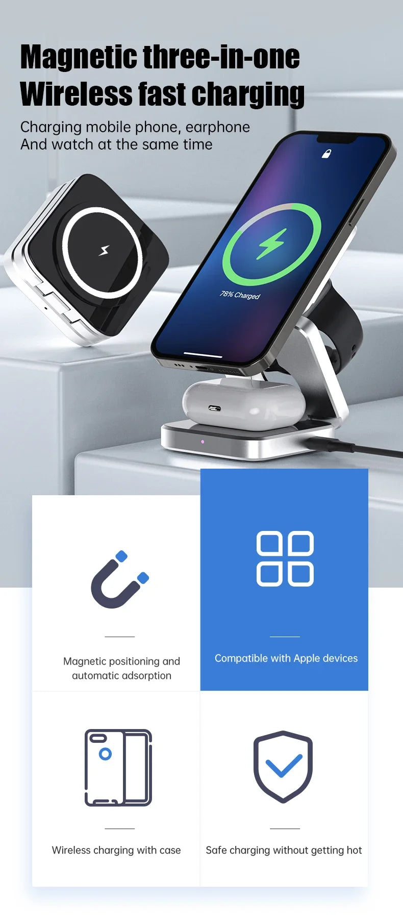 3-in-1 Magnetic Wireless Charger — Fast Charging Stand for iPhone, AirPods &amp; Apple Watch