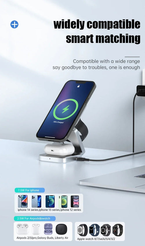 3-in-1 Magnetic Wireless Charger — Fast Charging Stand for iPhone, AirPods &amp; Apple Watch